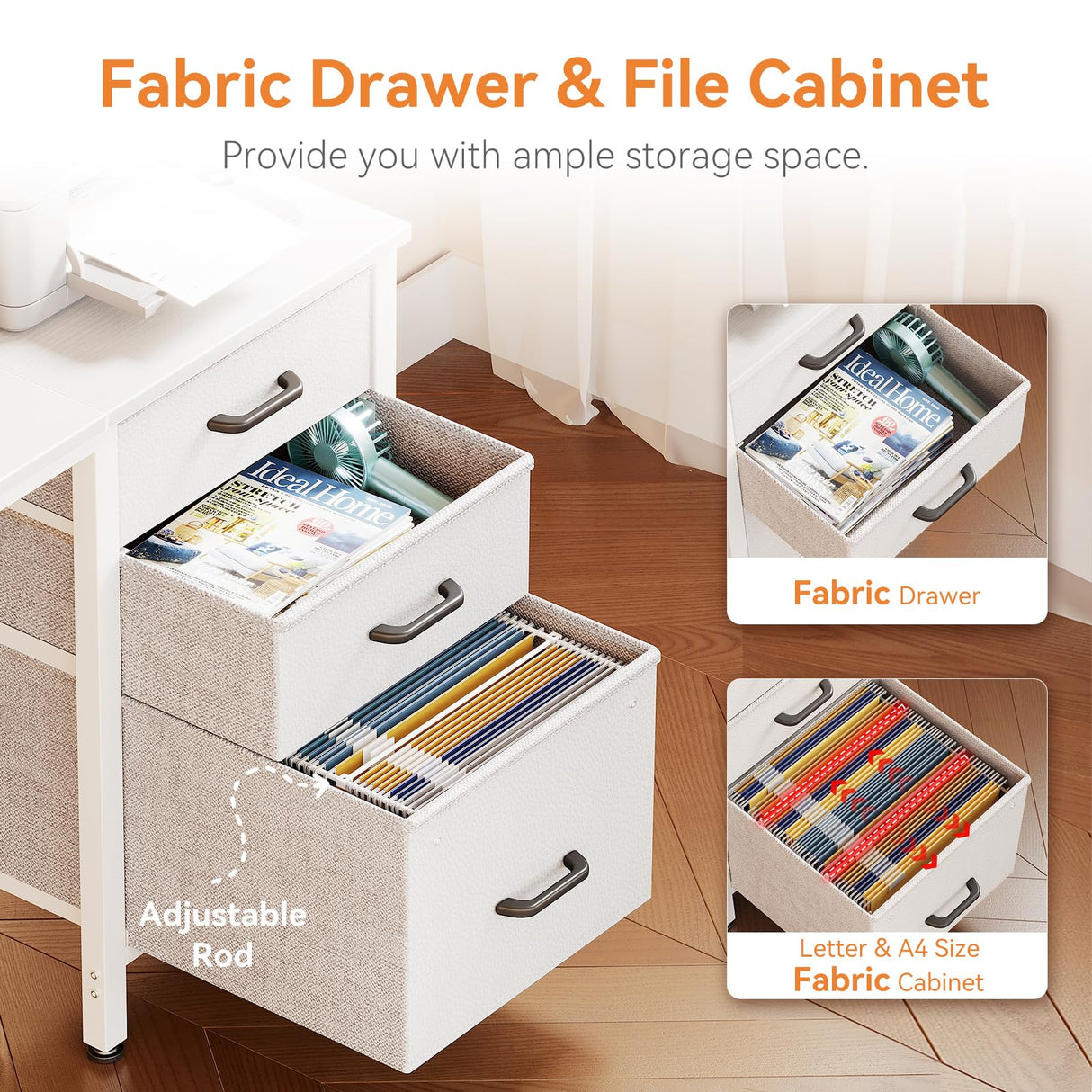 Casaottima 48-Inch Small Computer Desk with Fabric Drawers & File Cabinet, Home Office Desk with Cloth Storage Bag and Hook, Writing Study Work Table for Small Space, Vanity Desk for Bedroom, White Casaottima