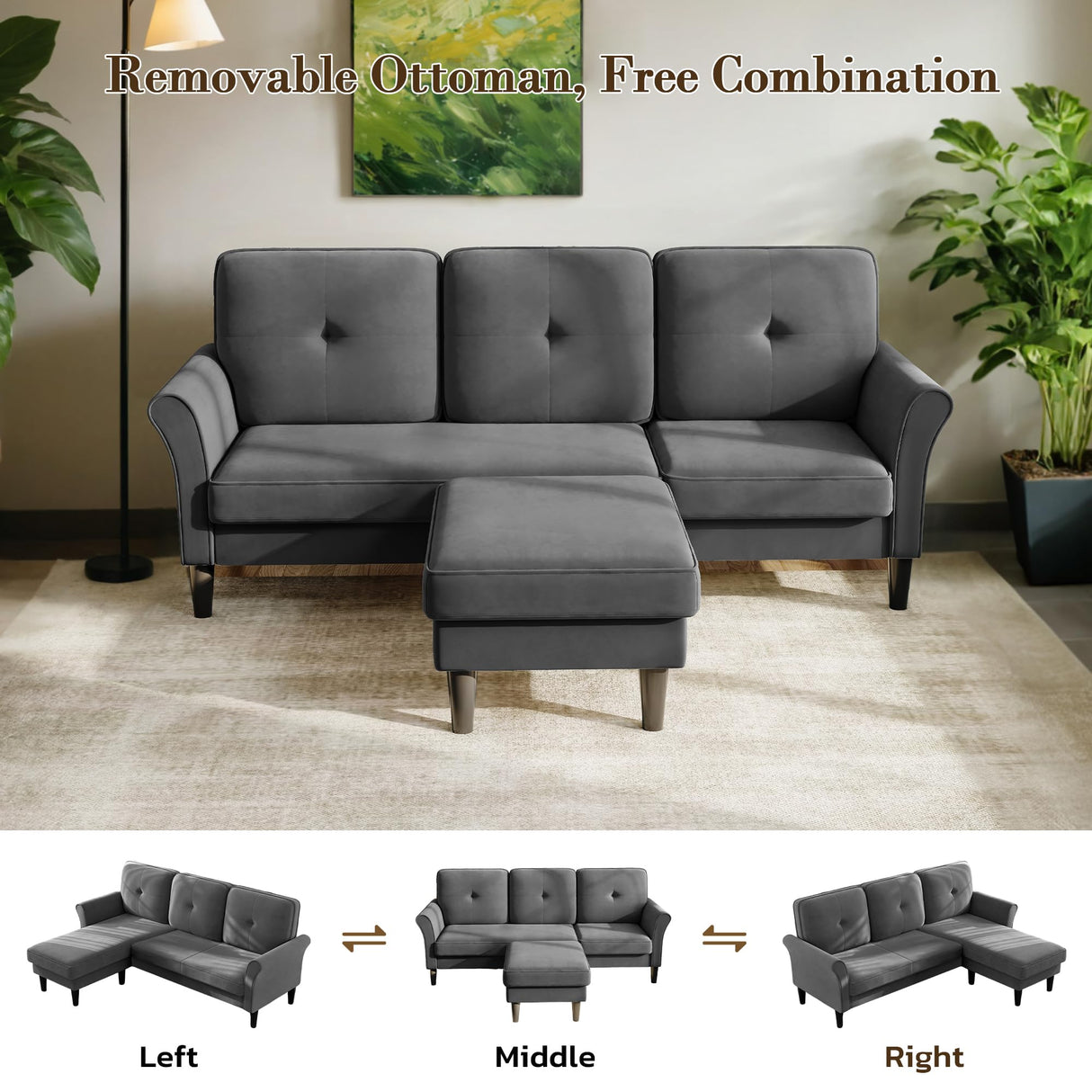 Welzona Sectional Couches for Living Room, 83" Velvet Modern 3 Seater Sofa, L Shaped Couch with Ottoman, Small Sectional Couch Sofas for Living Room, Bedroom, Apartment, Office, Grey Sofa Welzona