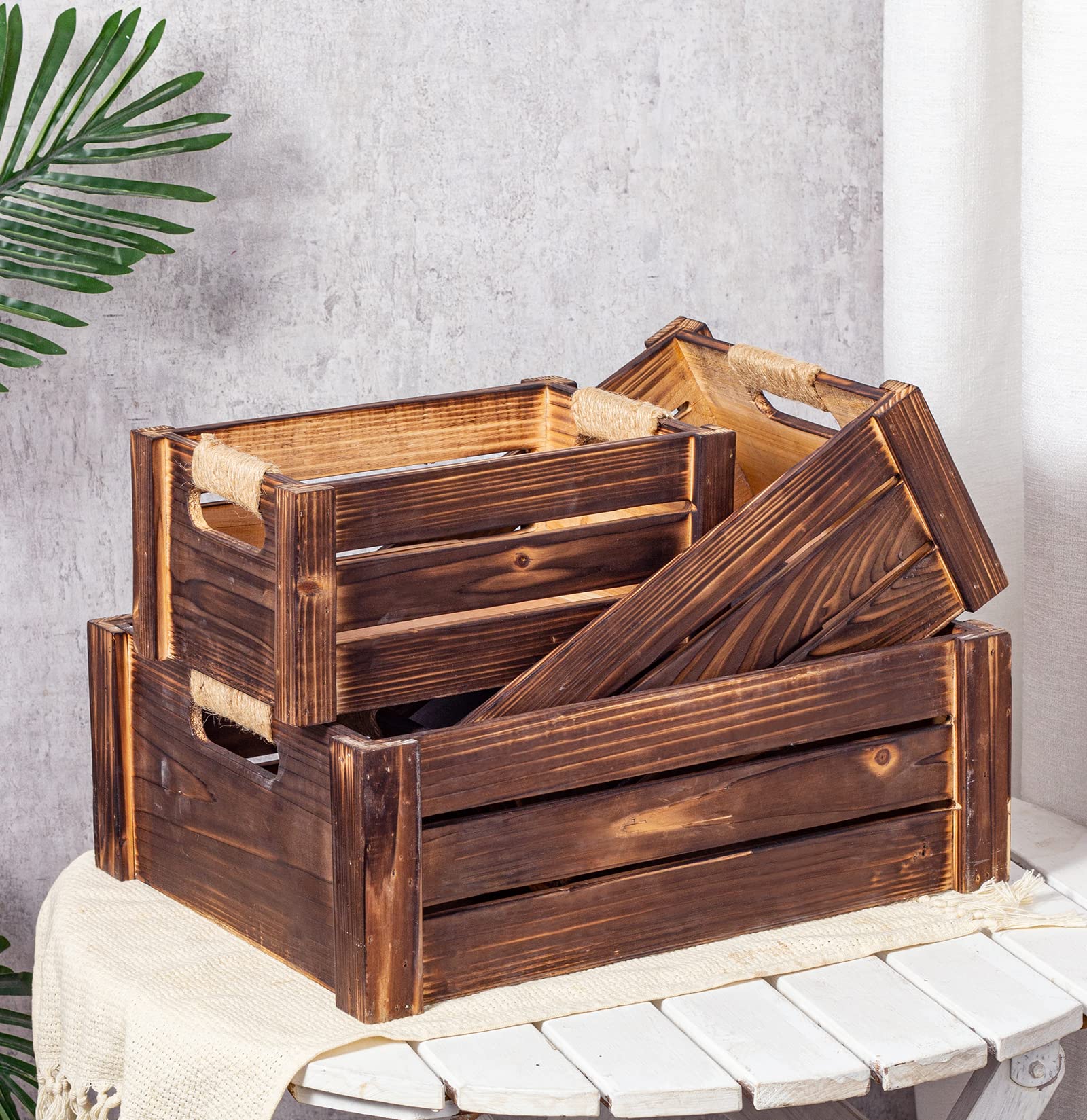 TIMRIS Set of 3 Rustic Wood Nesting Crates, Farmhouse Wooden Storage Container Boxes with Cutout Handles, Decorative Wooden Baskets for Display (Rustic Brown) - WoodArtSupply