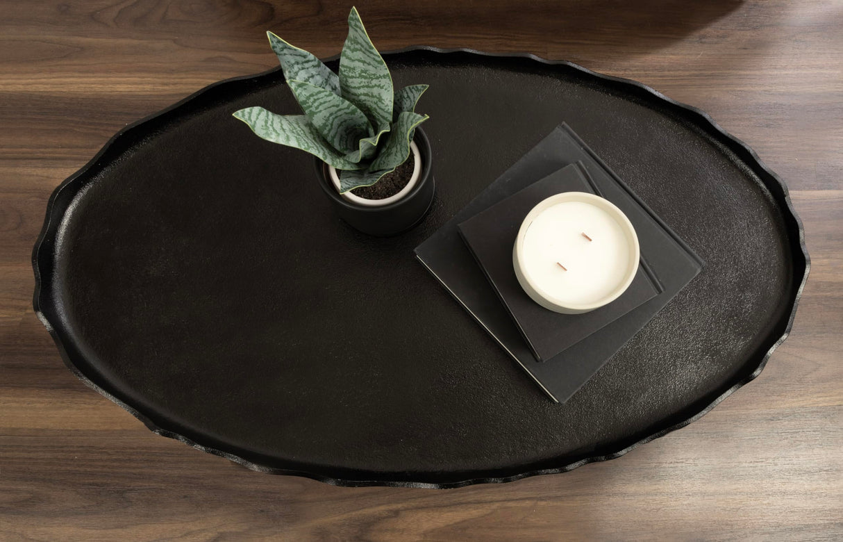 Kate and Laurel Alessia Modern Oval Coffee Table, 34 x 20 x 15, Black, Metal Living Room Table for Storage and Display with Antique Deckled Edge Detailing DesignOvation