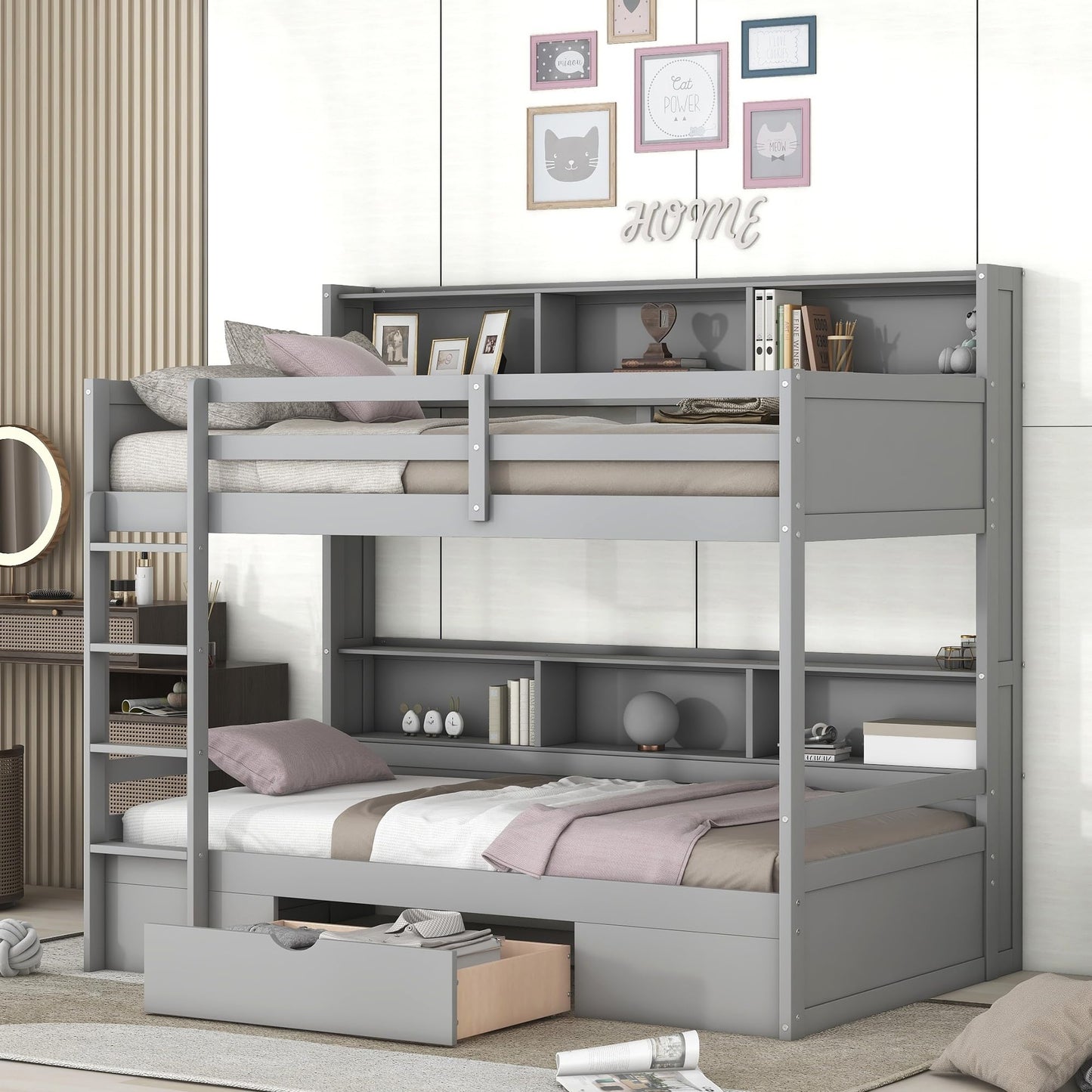 Harper & Bright Designs Twin Over Twin Bunk Bed with Storage Drawer, Solid Wood Bunk Bed with Built-in Shelves Beside Both Upper and Down Bed, for Kids Teens Adults (Gray)