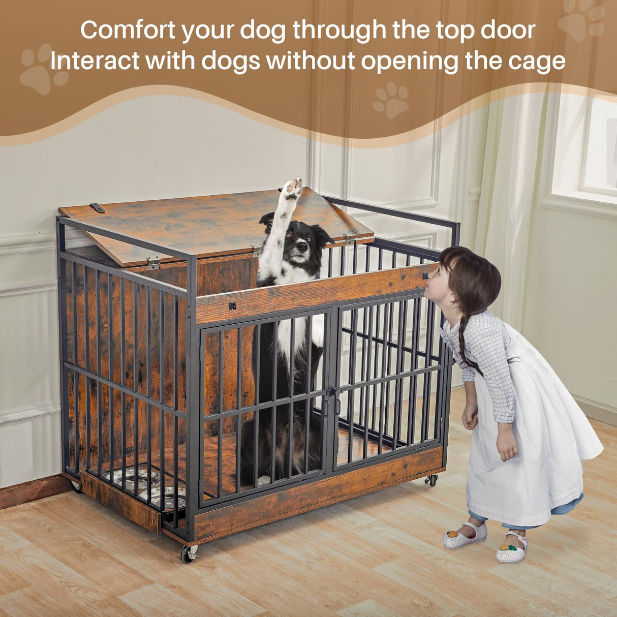 Extra Large Dog Crate Furniture, Dog Crates Furniture for Medium/Large Dogs Indoor, Heavy Duty Dog House with Wheels, Feeder Bowls & Flip Top, Large Dog Crate 44" L x 30" W x 38" H Redlifeᅟᅠ