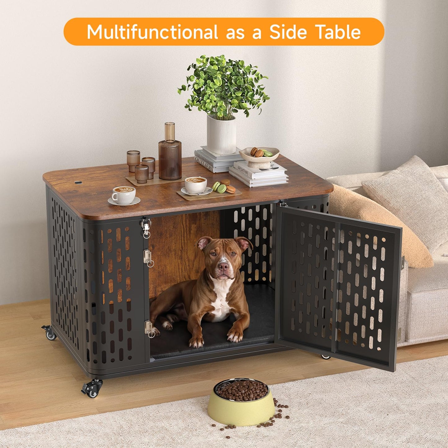 ONBRILL Dog Crate Furniture with Cushion, Wood Dog Kennel with Flexible Wheels and Multi-Purpose Dog Cage for Small/Medium Dogs, 38" Dog Kennel, Rustic Brown - WoodArtSupply