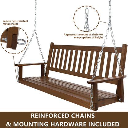 MUPATER Outdoor Patio Hanging Wooden Porch Swing 5FT with Chains, 3-Person Heavy Duty Swing Bench for Garden and Backyard, Wood Brown