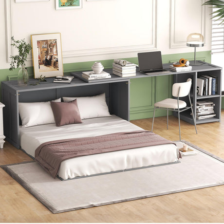 Ball & Cast Murphy Bed Queen,Murphy Bed Cabinet W/Rotable Desk,Wood Hidden Wall Bed W/Storage Cabinet,Folding Bed Frame for Guest Room,Bedroom,Living Room,Gray Ball & Cast