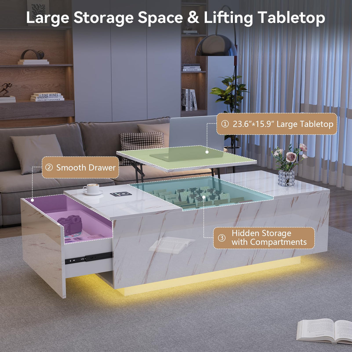Lift Top Coffee Table, High Glossy Coffee Table with Wireless Charging and Speaker, Modern Coffee Table with 24 Colors LED Lights, Center Table with Drawer and Hidden Compartment for Living Room White PPorfamilia
