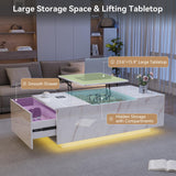 Lift Top Coffee Table, High Glossy Coffee Table with Wireless Charging and Speaker, Modern Coffee Table with 24 Colors LED Lights, Center Table with Drawer and Hidden Compartment for Living Room White PPorfamilia