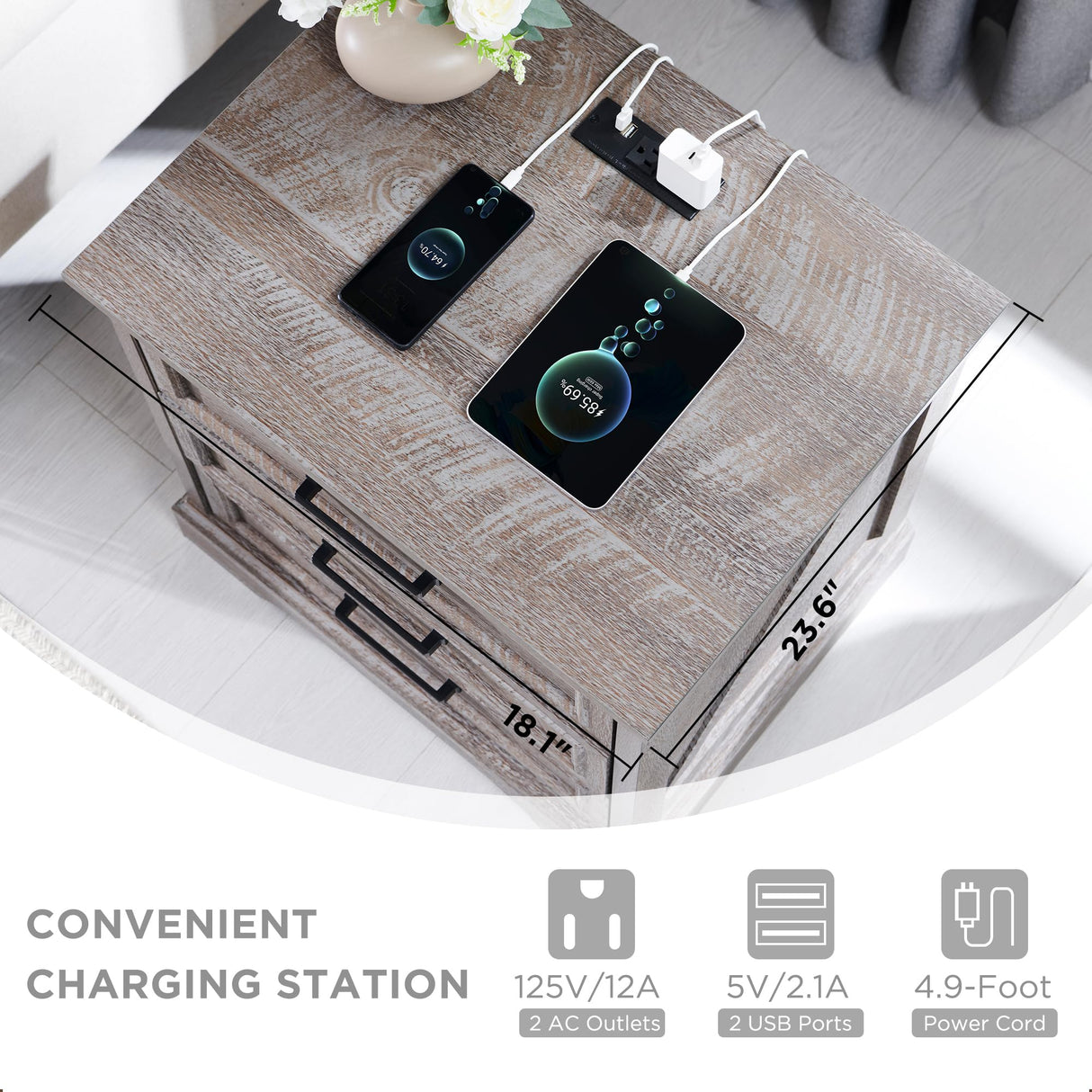 ACCOHOHO Farmhouse Nightstand with Charging Station, 22 Inch Wide End Table with 3 Large Drawers & Bar Handles, Rustic Wood Small Dresser Chest of Drawers for Bedroom, Living Room, Closet, Grey ACCOHOHO