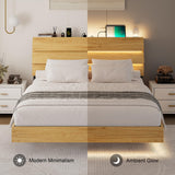 Feonase Floating Bed Frame Queen with Led Lights and Charging Station, Wood Full Size Bed Frame with Storage Headboard, Heavy Duty Metal Slats, No Box Spring Needed, Easy Assembly,Oak Feonase