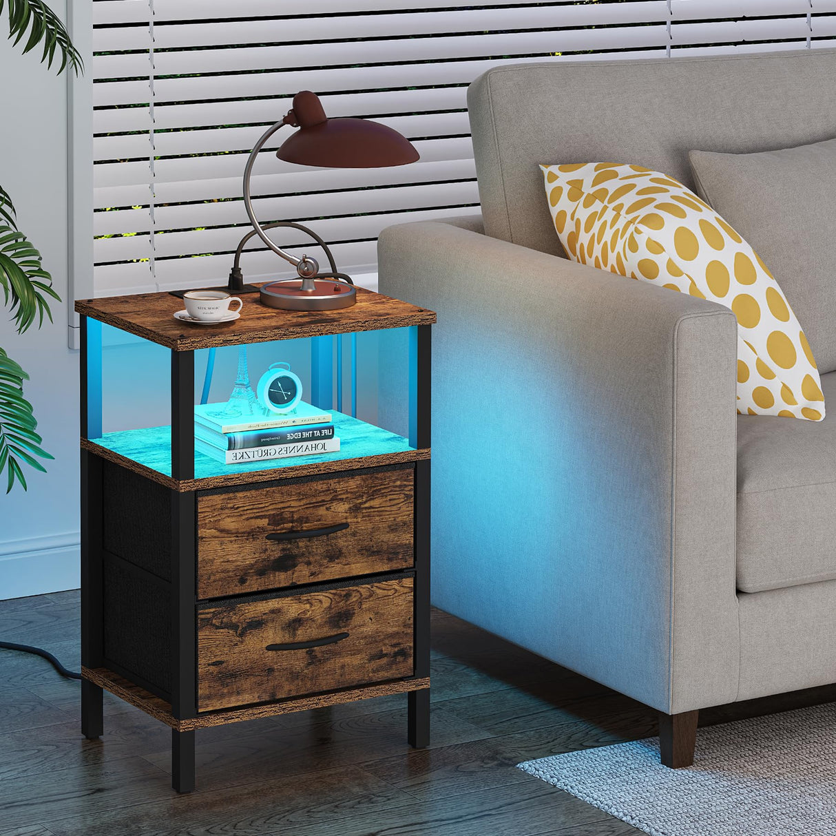 TUTOTAK LED End Table with Charging Station, Nightstand with Cloth Drawer, Side Table with Outlets, Set of 2, Couch Table, Brown TB01BB068 TUTOTAK