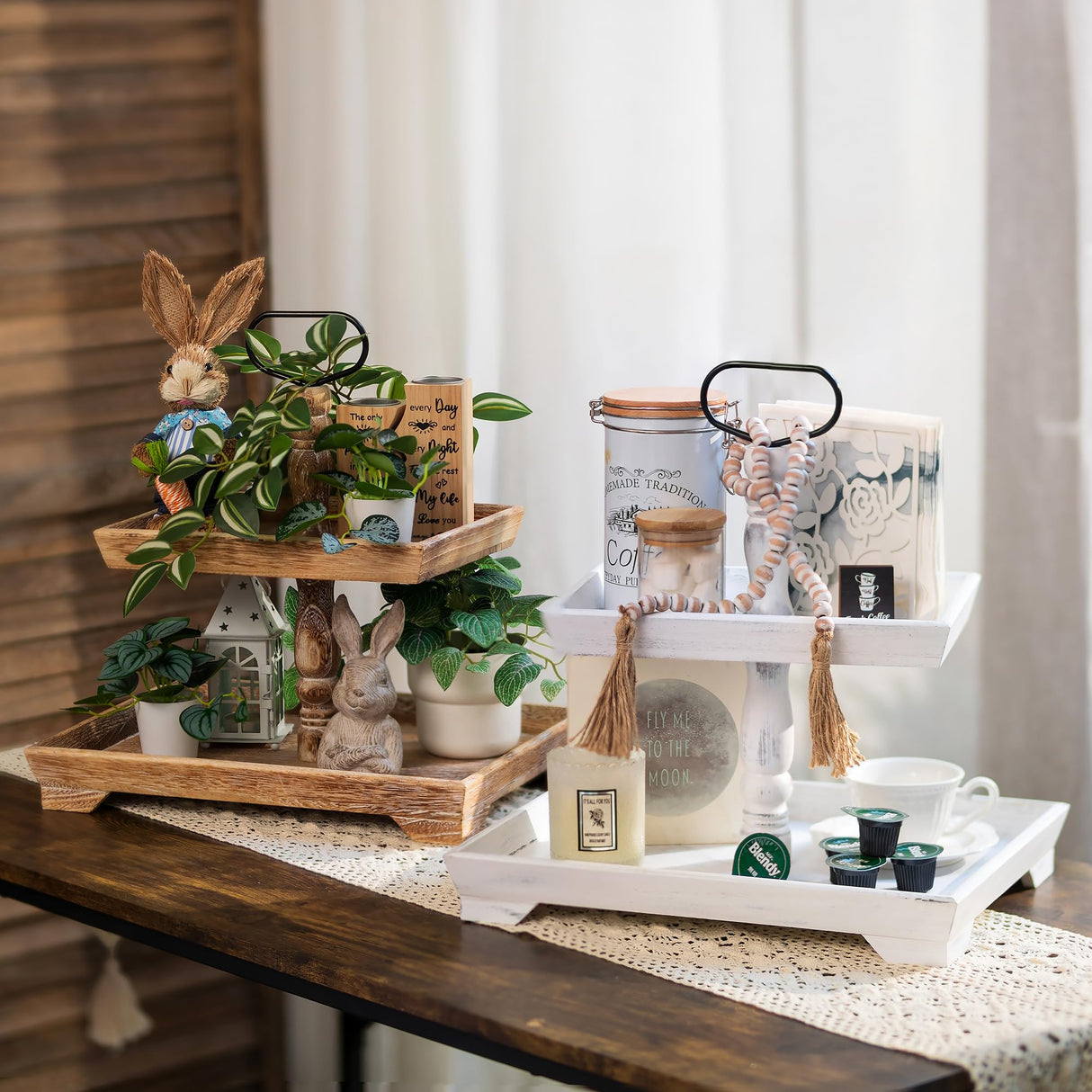 Hanobe Tiered Tray for Table Decor: 2 Tier Serving Stand Farmhouse Decorative Tray for Coffee Bar Centerpiece Rectangle Wood Display Stands Kitchen Counter Hanobe