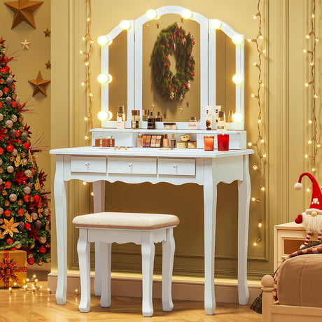 Tiptiper Vanity Table Set with Lighted Tri-Folding Mirror, Makeup Vanity with Lights & 3 Color Lighting Modes, Vanity Desk with Mirror and Cushioned Stool, Makeup Table with 5 Drawers, White Tiptiper