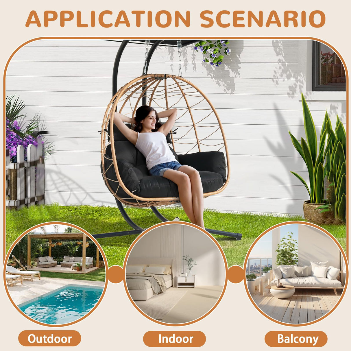 Double Egg Swing Chair with Stand & Adjustable Canopy, Outdoor Indoor Hanging Egg Chair, Handwoven Pe Rattan Loveseat with Uv-Resistant Cushions, 680Lbs Capacity for Patio, Garden, Balcony (Black) Nevsokio