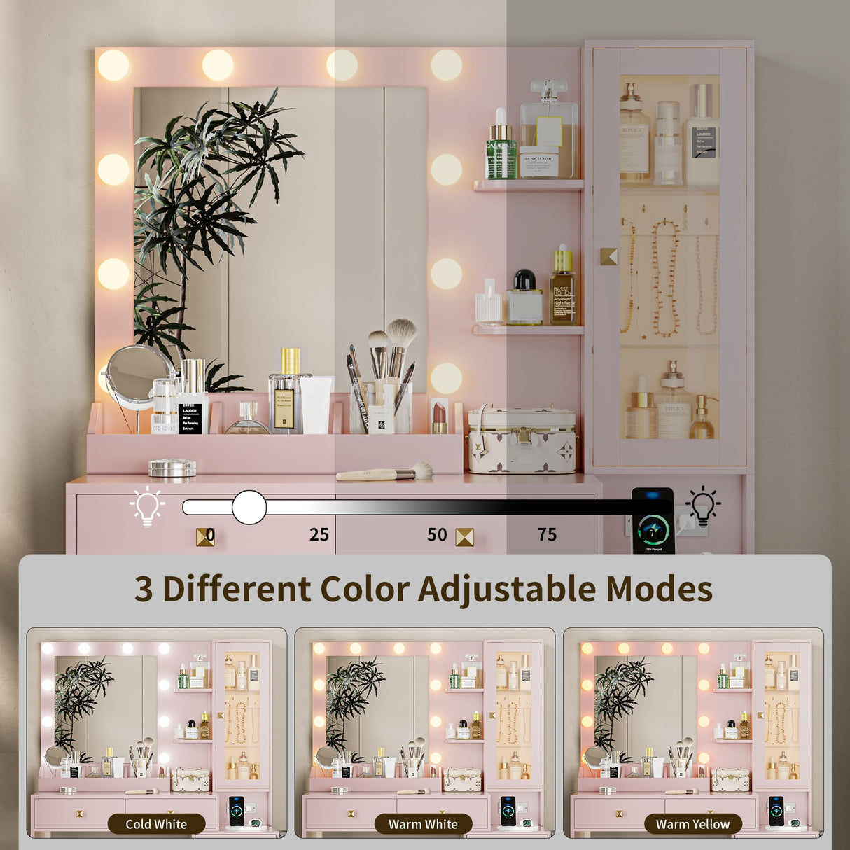 Vanity Desk with Mirror and Lights, Pink Makeup Vanity with 5 Drawers Hidden Jewelry Organizer& LED Glass Cabinet,3 Lights Mode and Brightness Adjusted,Vanity Mirror with Lights Desk and Chair HUANLEGO
