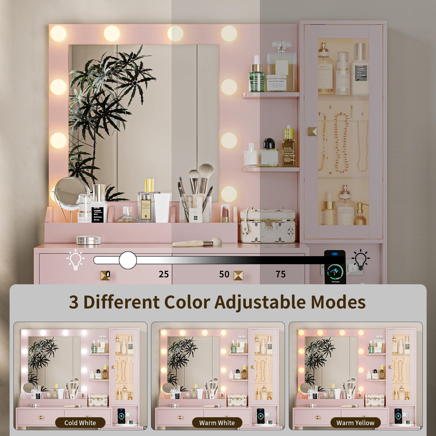 Vanity Desk with Mirror and Lights, Pink Makeup Vanity with 5 Drawers Hidden Jewelry Organizer& LED Glass Cabinet,3 Lights Mode and Brightness Adjusted,Vanity Mirror with Lights Desk and Chair