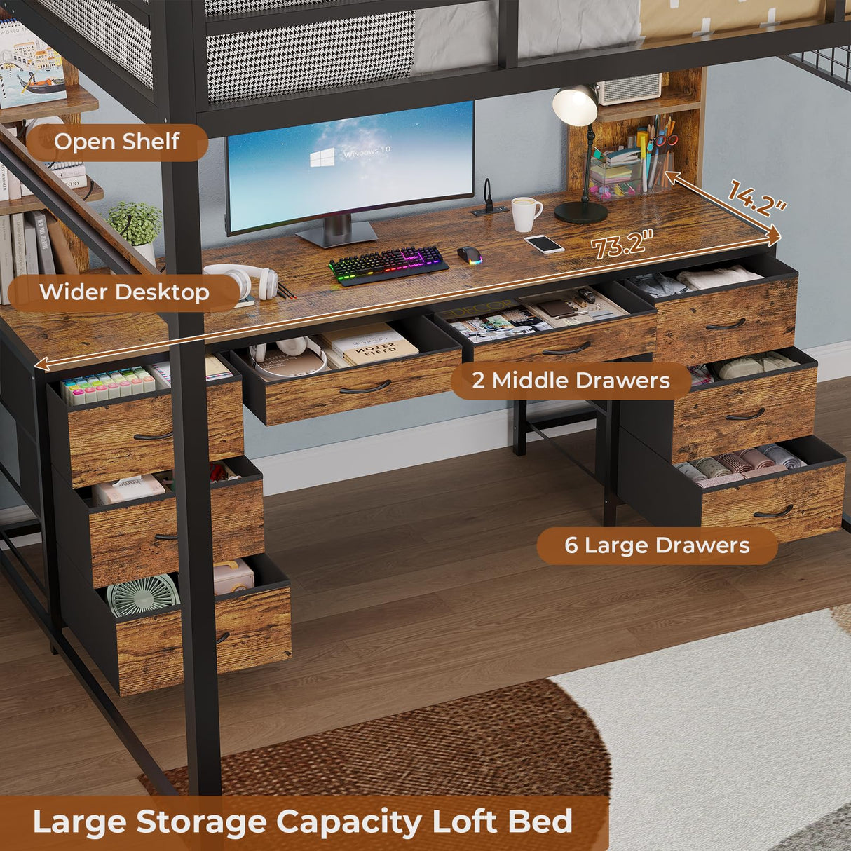 BTHFST Loft Bed with Desk, Full Metal Loft Bed with 8 Drawers Storage & Charging Station & LED Lights, 4 Open Storage Shelves, Noise-Free, Space-Saving, No Box Spring Needed BTHFST