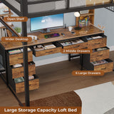 BTHFST Loft Bed with Desk, Full Metal Loft Bed with 8 Drawers Storage & Charging Station & LED Lights, 4 Open Storage Shelves, Noise-Free, Space-Saving, No Box Spring Needed BTHFST