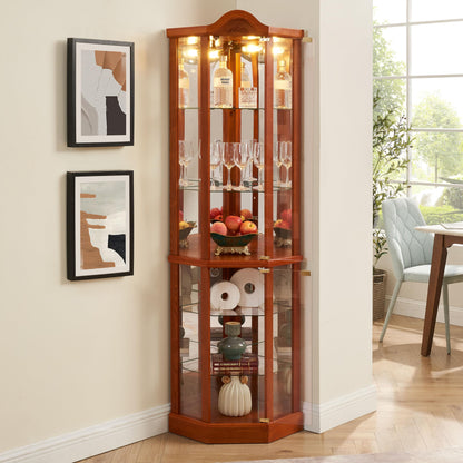 Lighted Corner Display Curio Cabinet Wooden Shelving Unit with Tempered Glass Door, Bar and Liquor Storage Area with 5 Shelves, Wine Cabinet with Curved Top Carving, Oak