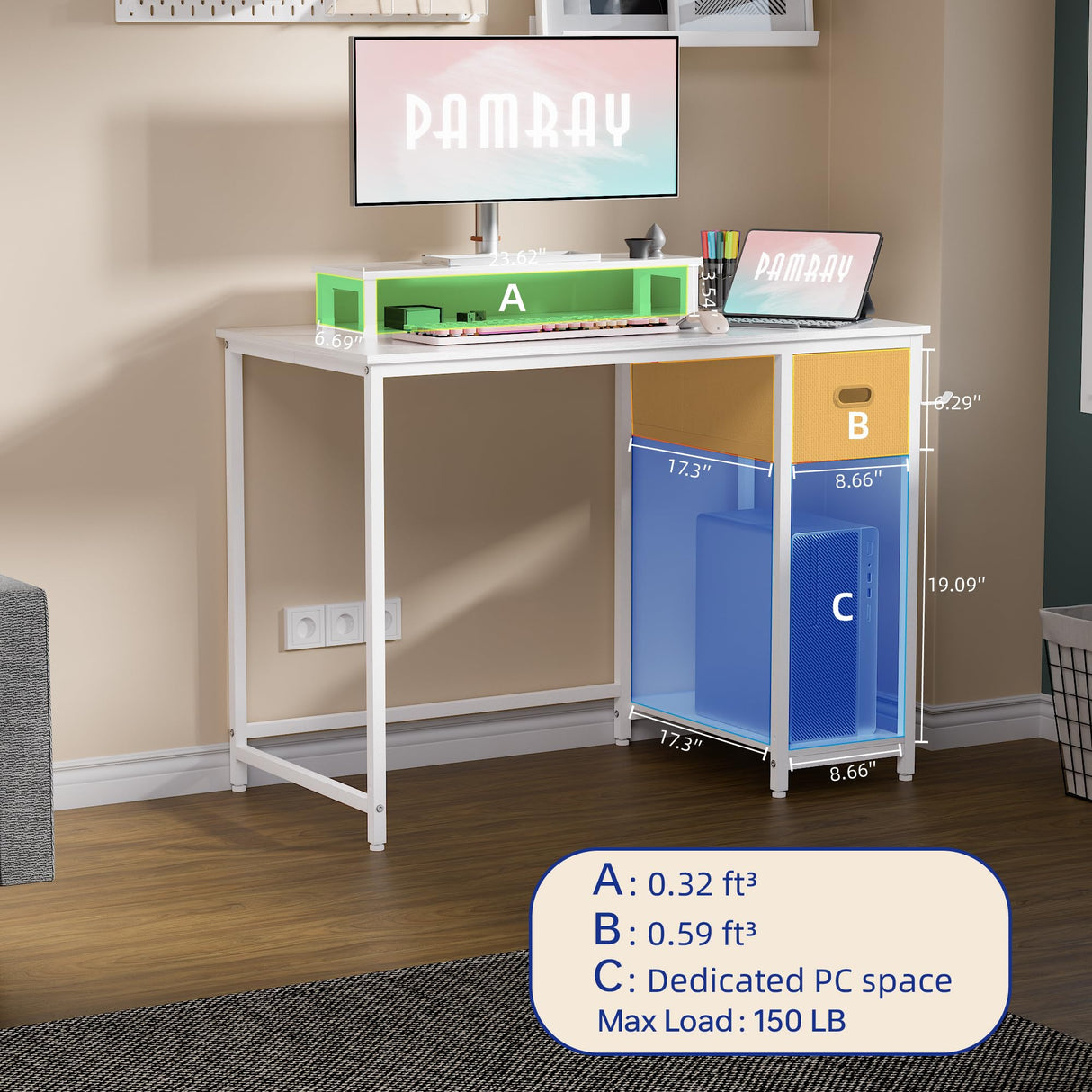 Pamray 39 Inch Computer Desk with Monitor Stand Small Home Office Desks with Non-Woven Storage Drawer for Bedroom Study Table Writing and Work Desk White,White Leg Pamray