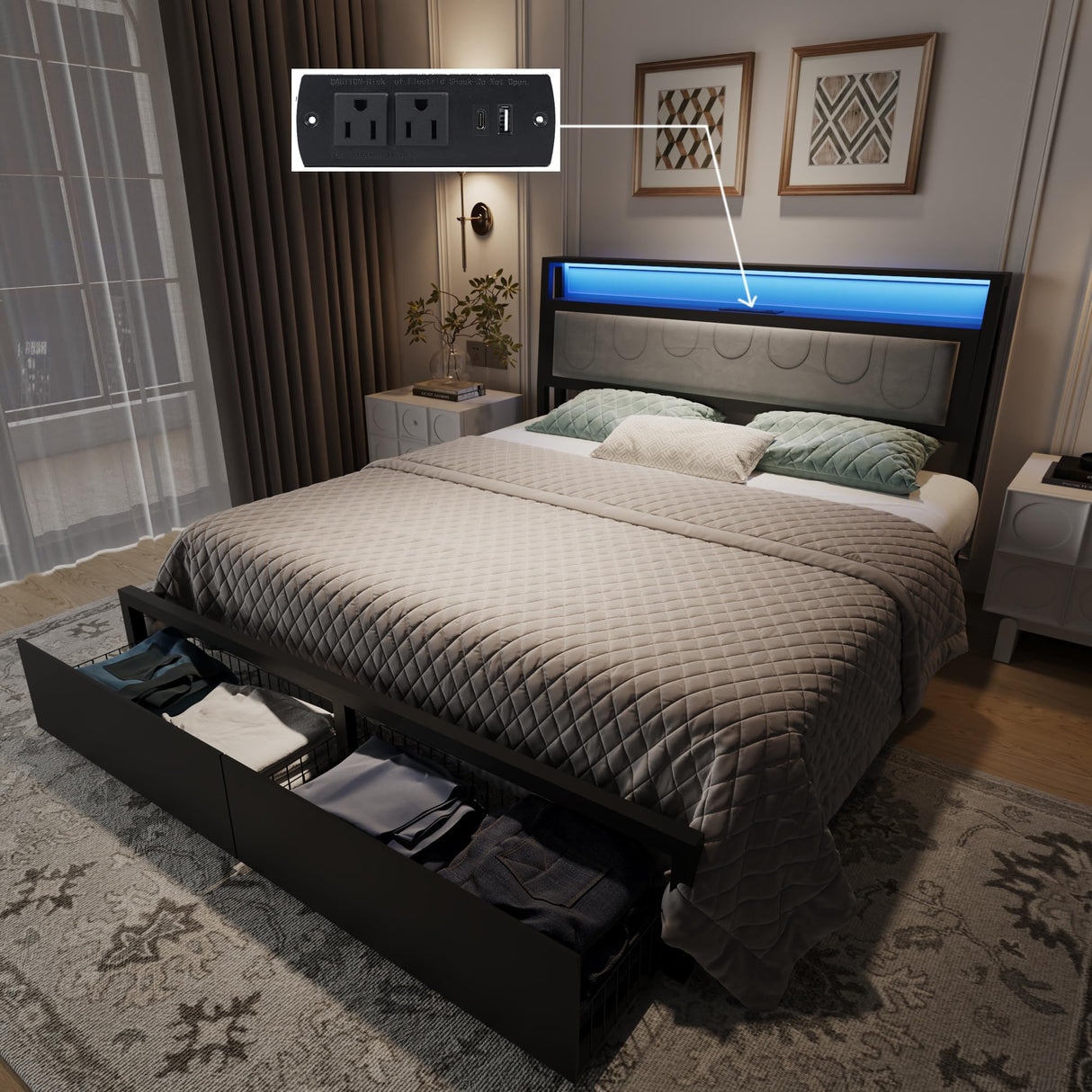 Natekelly Black Queen Bed Frame with Headboard Charging Station, LED Lights & Storage Drawers Natekelly