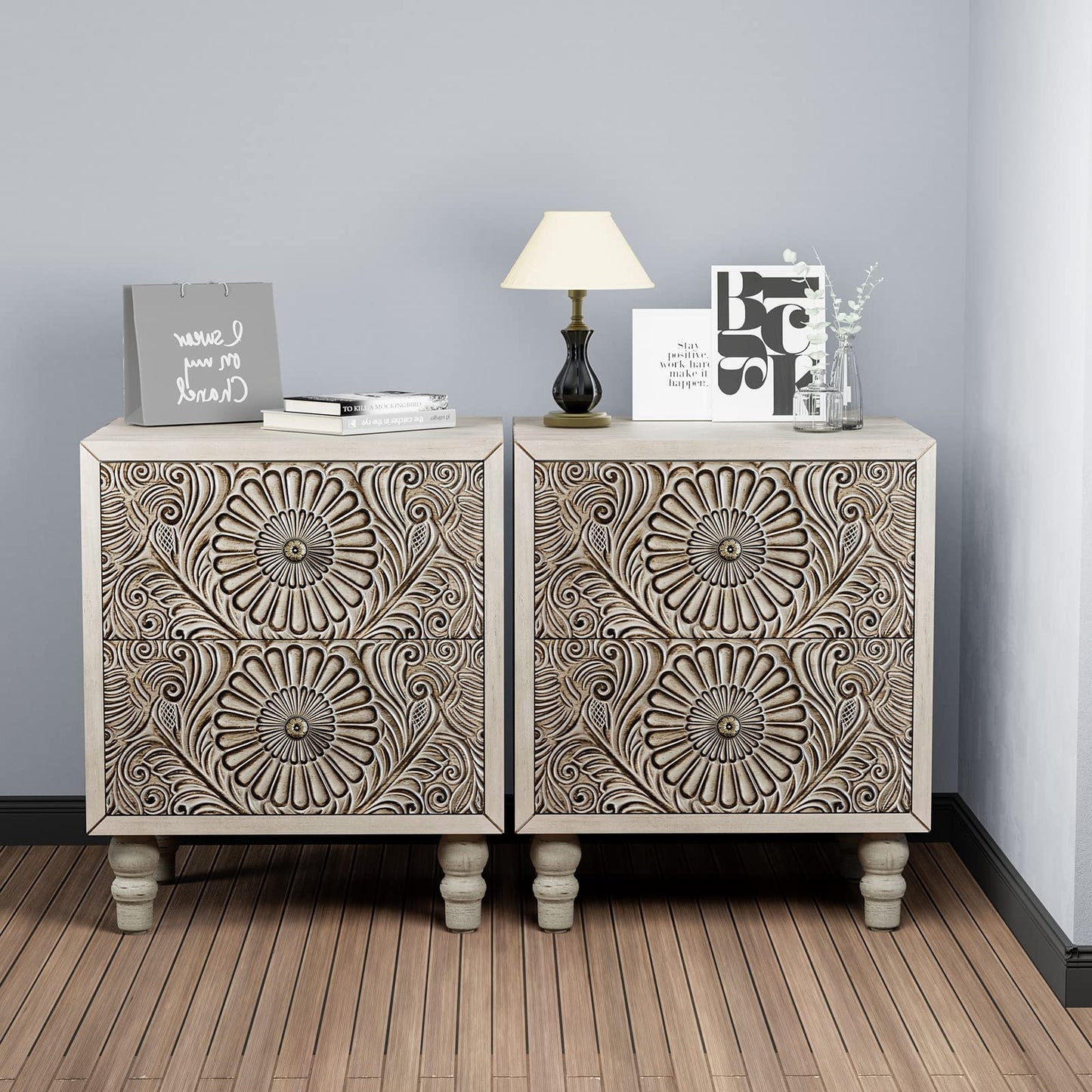 HOMPUS End Table with 2 Drawers Sets of 2, 2 Tier Bedside Table Sets, Wood Grain Nightstand, Small Accent Table with Pattern Drawer, Side Table for