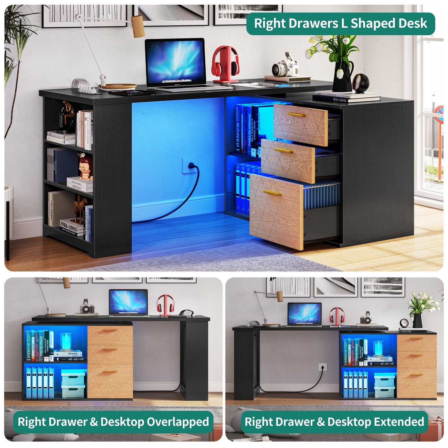 DWVO L Shaped Desk with Drawers, 59" Corner Computer Desk with Power Outlets & LED Lights, 360 Rotating Corner Desk Office Desk with Bookshelf, Wood Desk, Black