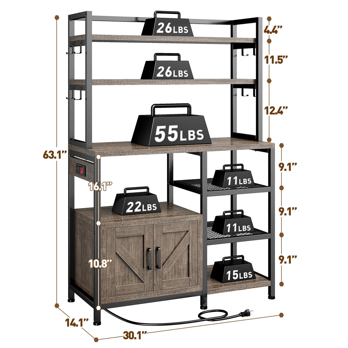 EnHomee Bakers Rack with Power Outlet, 6 Tier Coffee Bar with Storage Cabinet, Microwave Stand with Side Hooks, Utility Shelf for Kitchen EnHomee