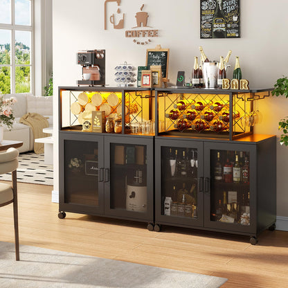 Girapow Small Bar Cart with Wheels, Liquor Cabinet with LED Light, Wine Bar Cabinet with Power Outlets, Home Mini Bar with Wine Rack, Glasses Storage for Kitchen, Dining Room, Living Room, Bl - WoodArtSupply