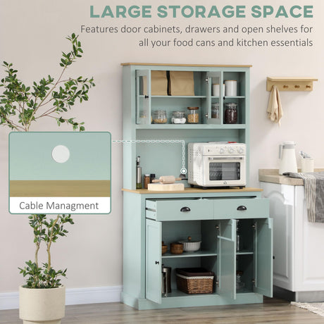HOMCOM 71" Freestanding Pantry, Kitchen Buffet with Hutch, Modern Storage Cabinet, Microwave Cabinet with Drawers, Glass Doors, and Adjustable Shelves, Light Blue HOMCOM