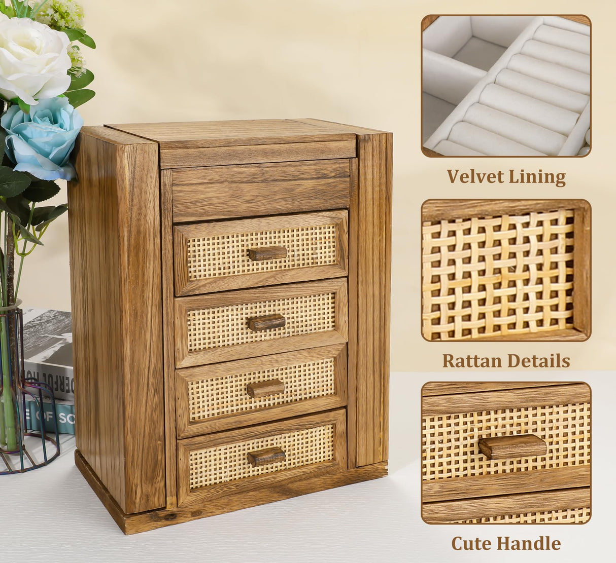 Jewelry Organizer, Rattan Jewelry Box, 5 Layer Wooden Jewelry Organizer Box with Mirror, Jewelry Boxes with 4 Drawers for Women Men, Jewelry Storage for Rings Earrings Necklaces Bracelets Watch Miss Rabbit