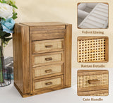 Jewelry Organizer, Rattan Jewelry Box, 5 Layer Wooden Jewelry Organizer Box with Mirror, Jewelry Boxes with 4 Drawers for Women Men, Jewelry Storage for Rings Earrings Necklaces Bracelets Watch Miss Rabbit