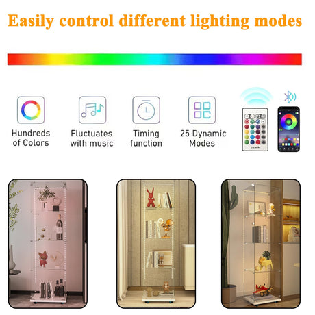 nifoti 4-Shelf Glass Display Cabinet with LED Lights Strip and Lock, Curio Cabinets Display Case with Casters and 1 Door, Tempered Glass Display Showcase for Living Room,Exhibition Hall - White nifoti