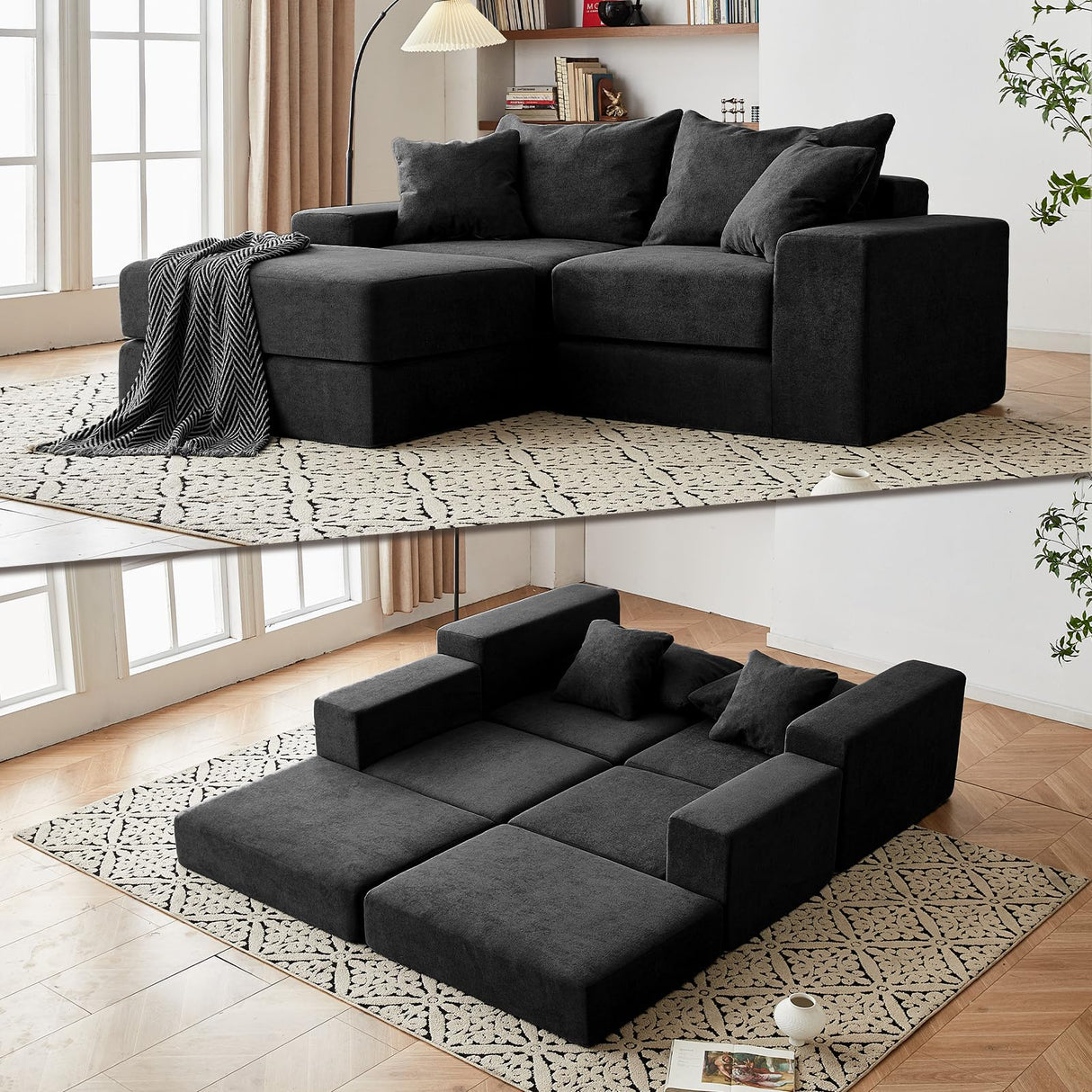 Modular Sectional Loveseat Cloud Sofa, Boneless Couch with Non Slip Base, Modern Sleeper Sofa for Customizable Living Spaces, Cozy Modular Couch with L-Shape Chaise, Deep Seat & No Assembly, Black CozyMine