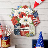 Spiareal 4th of July Welcome Door Decoration Farmhouse Patriotic Wooden Sign Rustic Independence Day Wood Wreaths Red White Blue Wall Decor American Flag Hanging Sign for Front Door Decorations Spiareal