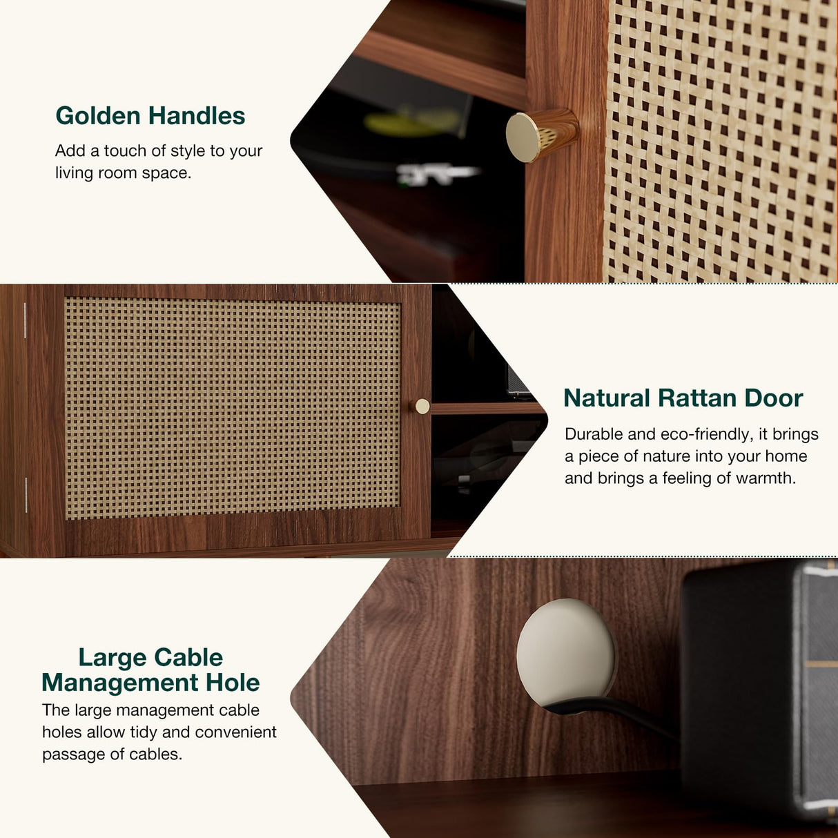 ZttRiee TV Stand for TVs up to 65'', Entertainment Center with Rattan Door, Shelves & 2 Cabinets, Long Boho Media TV Console for Living Room, Walnut ZttRiee