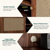 ZttRiee TV Stand for TVs up to 65'', Entertainment Center with Rattan Door, Shelves & 2 Cabinets, Long Boho Media TV Console for Living Room, Walnut ZttRiee