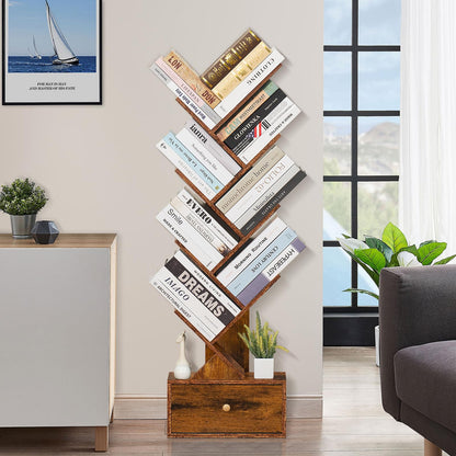 SHEEPAM 8-Tier Tree Bookshelf with Drawer - Rustic Brown Free Standing Bookcase for Small Spaces - WoodArtSupply