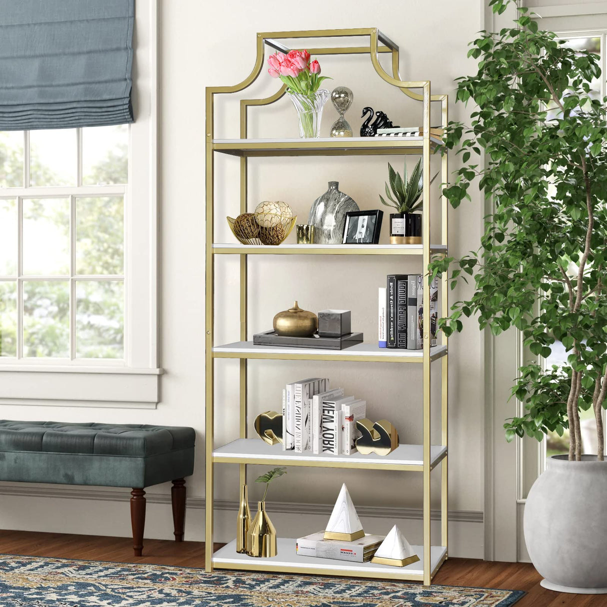 TooCust 5-Tier Gold Bookcase, 29.5" Lx70.6 H, Bookshelf for Bedroom,Gold Book Display Shelf, Arched Bookcase, Organizer Rack for Living Room, Gold Freestanding Display Shelf,White and Gold Bookshelf TooCust