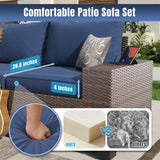 Aoxun 7 Pieces Patio Furniture Set with 44” Fire Pit Table Wicker Rattan Outdoor Sectional Conversation Set with Coffee Table and 4” Thickened Cushions, Blue(Waterproof Cover Included) Aoxun