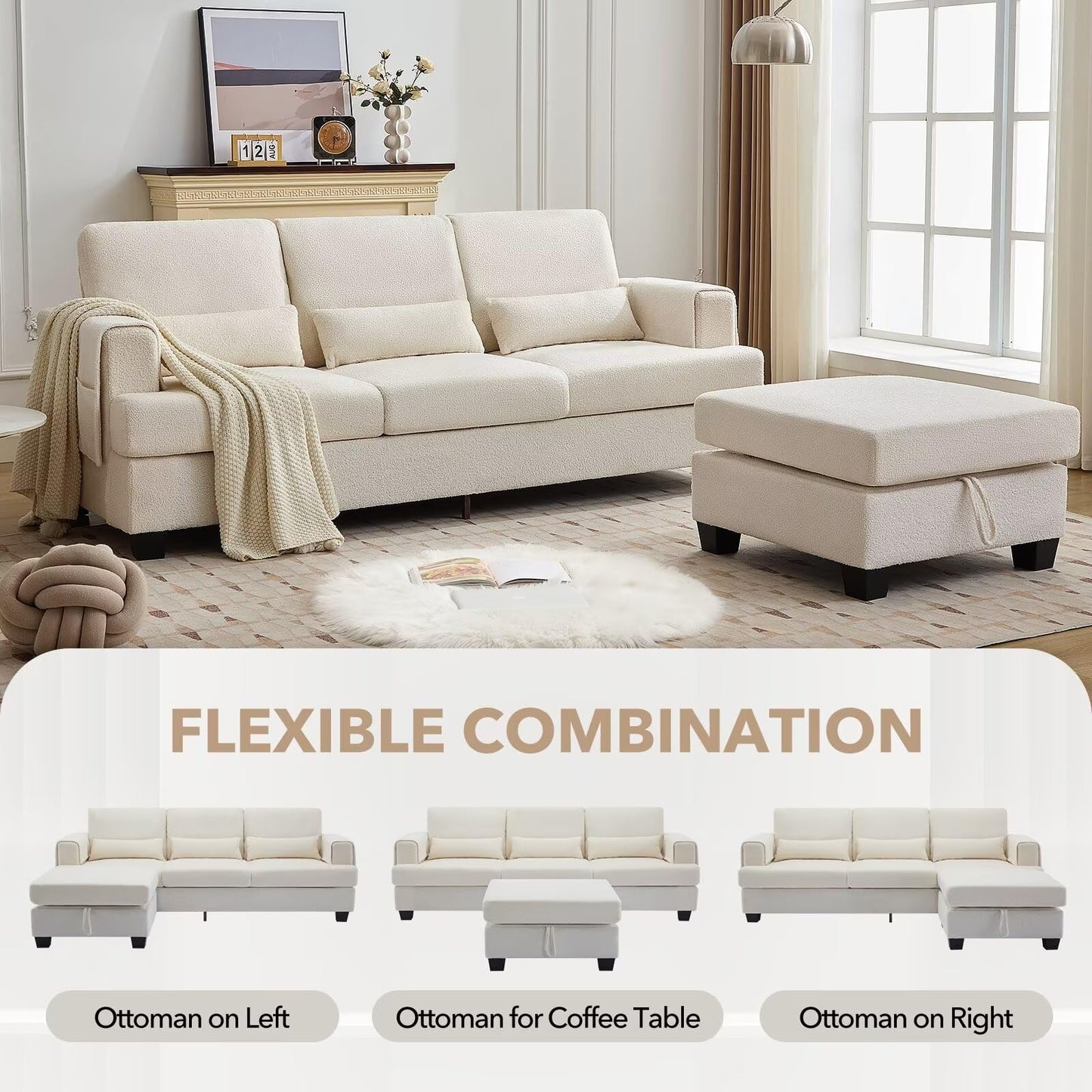 Siiejia 88" Sectional Couches for Living Room, Comfy L Shaped Sofa Couch with Storage Ottoman & Pocket, Modern 3 Seater Boucle Couch with Lumbar Pillows for Apartment, Office, Easy Assembly, Beige