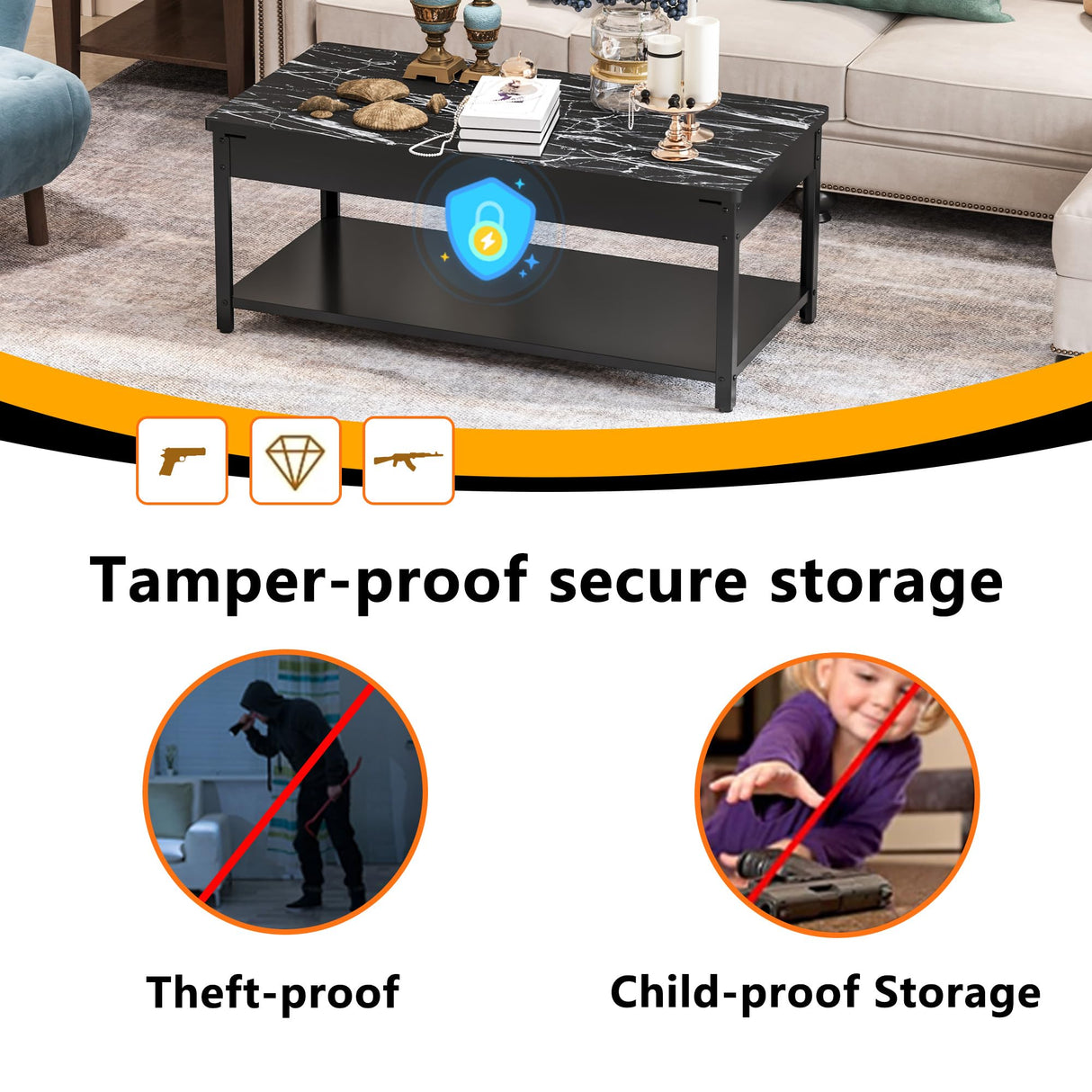 Gun Safe with Biometric Lock, Biometric Fingerprint Gun Safe for Rifles and Pistols, Hidden Gun Storage for Jewelry Money Rifles Pistols and Ammo, Use as Coffe Table (Black Marble Wood) Xyvaly