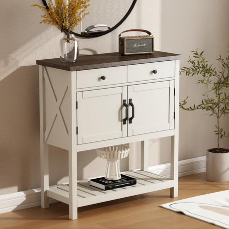 ChooChoo Farmhouse Console Table, Entryway Table with Storage Shelf, Coffee Bar Cabinet, Narrow Buffet Sideboard for Kitchen, Hallway, Living Room, White ChooChoo