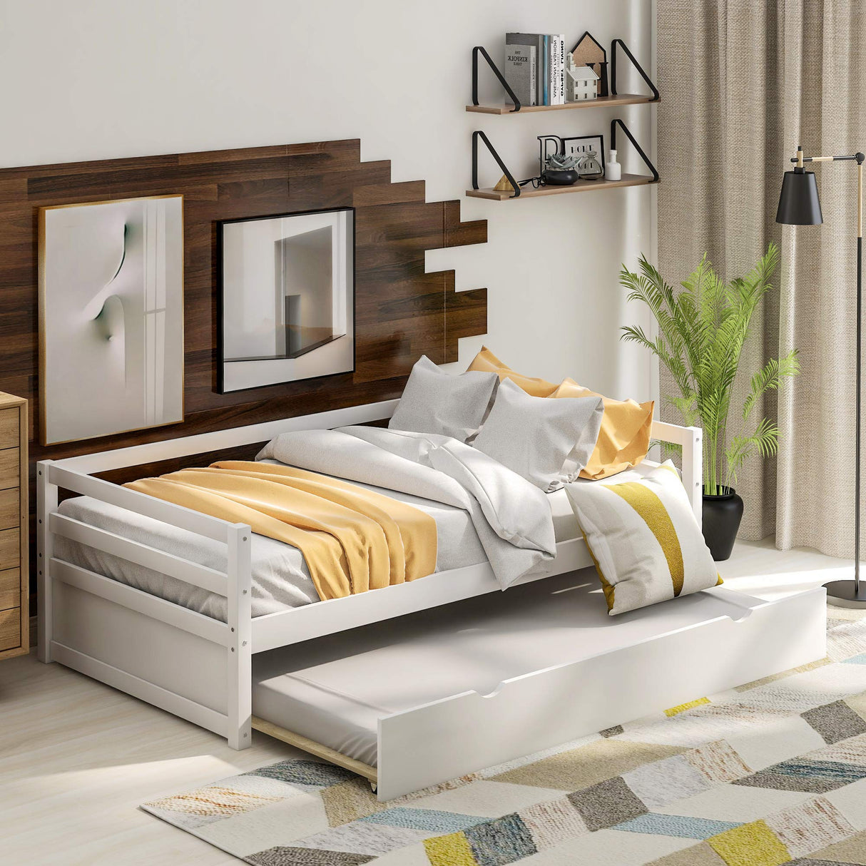 Merax Twin Daybed with Trundle, Solid Wood Captains Bed Twin Size Sofa Bed Frame (White) Merax
