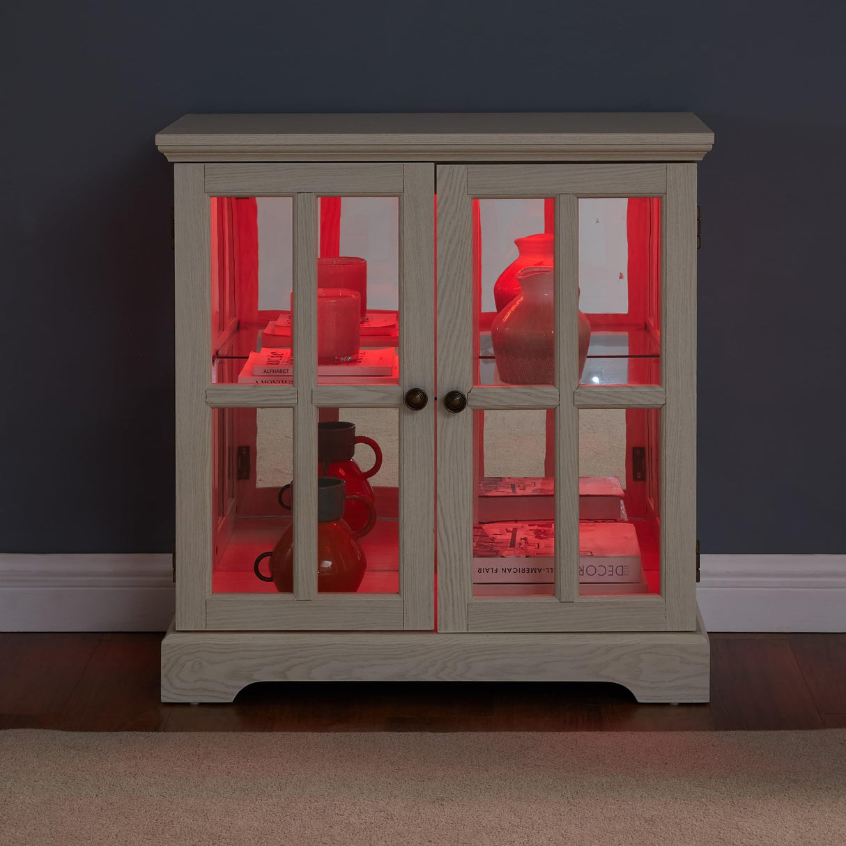 CKEASEAN 32" H LED Antique Curio Cabinet with Smartphone-Controlled, Lighted Glass Display Cabinet - Retro Lattice Door Showcase, Elegant Adjustable Shelves for Living Room (White) CKEASEAN