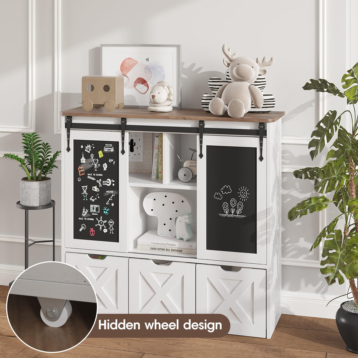 Vabches Toy Storage Organizer with Sliding Blackboard, Kids Bookshelf and Bookcase with 3 Movable Drawers & 5 Storage Cubbies, Multifunctional Storage Cabinet Toy Chest for Playroom,Nursery, Kids Room Vabches