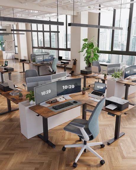 Marsail 63×55 in Electric Corner L-Shaped Standing Desk with 4-in 1 Electical Outlet, Computer Desk with Headphone Hook, Memory Sit Stand up Home Office Table, Ergonomic Gaming Table,Brown Marsail