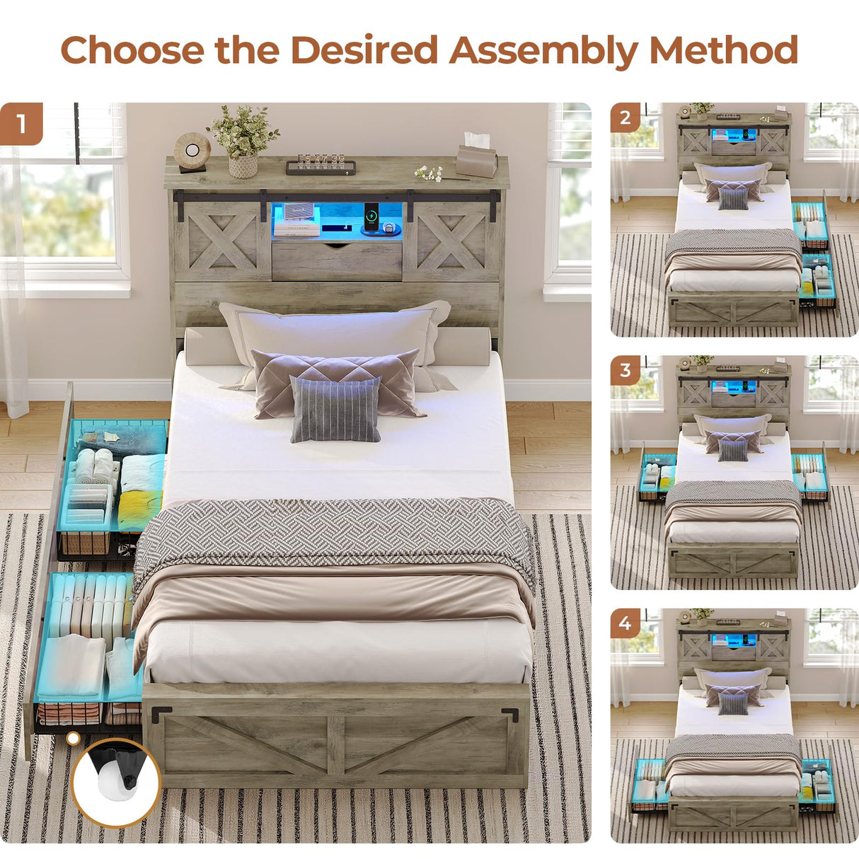 Hasuit Farmhouse Bed Frame Twin XL Size with 2 Storage Drawers, Wooden Platform Twin XL Bed with LED Lights and Charging Station, Rustic Headboard with Sliding Barn Door Storage Cabinets (Rustic Oak) Hasuit