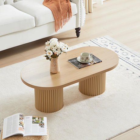 RUSTYER Oval Fluted Coffee Table, Farmhouse Wood Coffee Table Mid Century Modern Center Table Boho Living Room Tables for Living Room Office (Natural, 19.69" D x 39.38" W x 13.78" H) RUSTYER