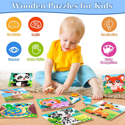 Puzzles for Toddlers 2-4, 9 Piece Animal Wooden Jigsaw Puzzles for Kids Ages 4-6 Year Old, Children Learning Educational Puzzles Toys for Boys and Girls (8 Packs)