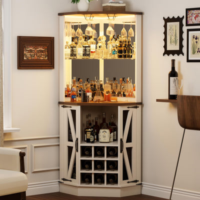 Royal Windsor Farmhouse Corner Bar Cabinet,Modern Wood Freestanding Wine Bar with Storage and Wine Holder, Tall Hutch Cabinet for Home, Display Bar Cabinet with LED Lights and Mirror, White